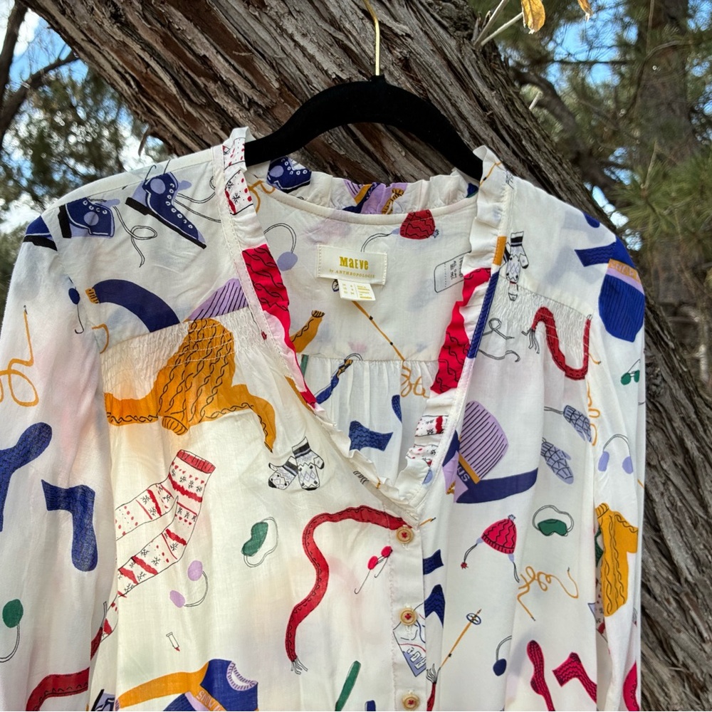 Maeve Anthropologie Multicolor Ski Print‎ Blouse - Picture 4 of 12